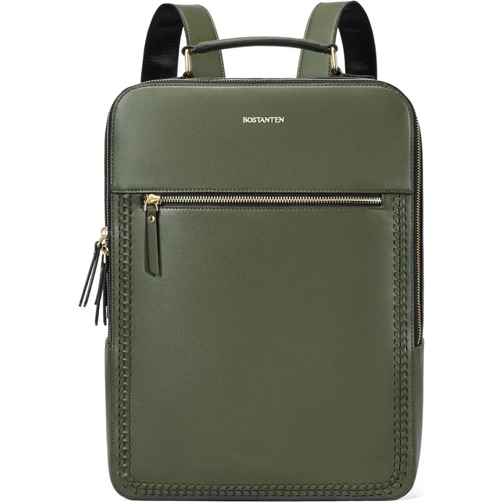 Men's Olive Green 15.6 inch Laptop Bag Travel Casual Computer Leather Backpack